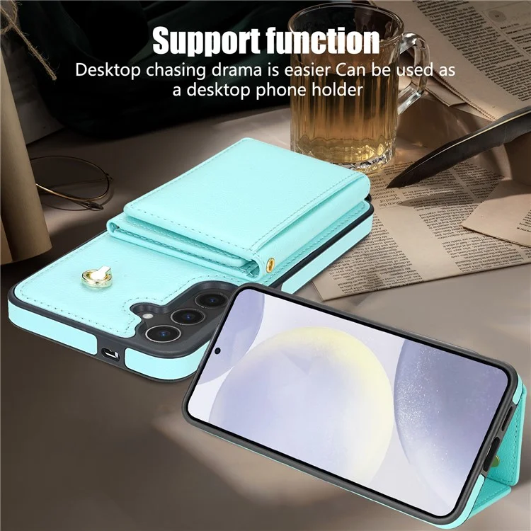 Custodia per Samsung Galaxy S25 con porta carte a tre ante, supporto pieghevole, cover posteriore in TPU + pelle, con cinturino da spalla - Verde