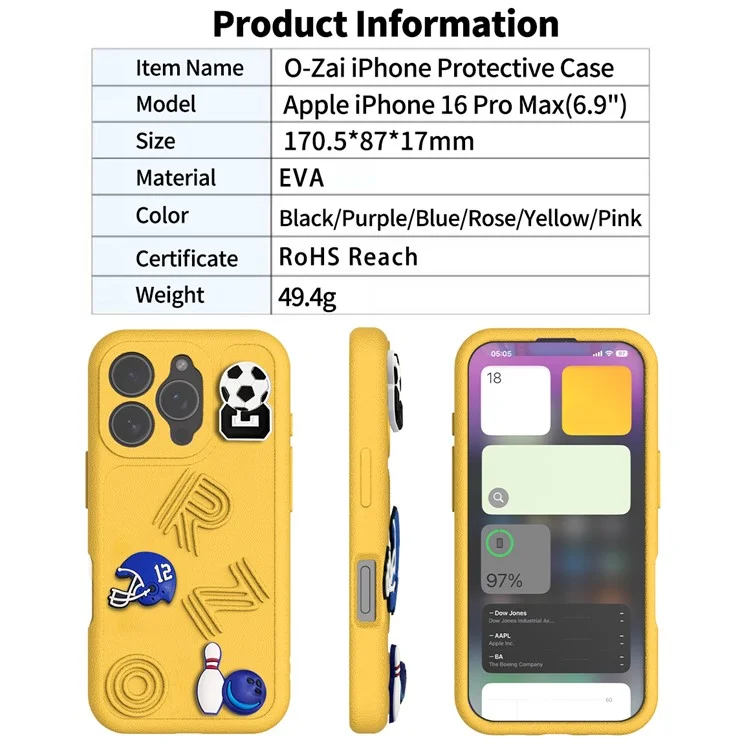 Funda para iPhone 16 Pro con diseño divertido de EVA, cubierta protectora de teléfono - Amarillo