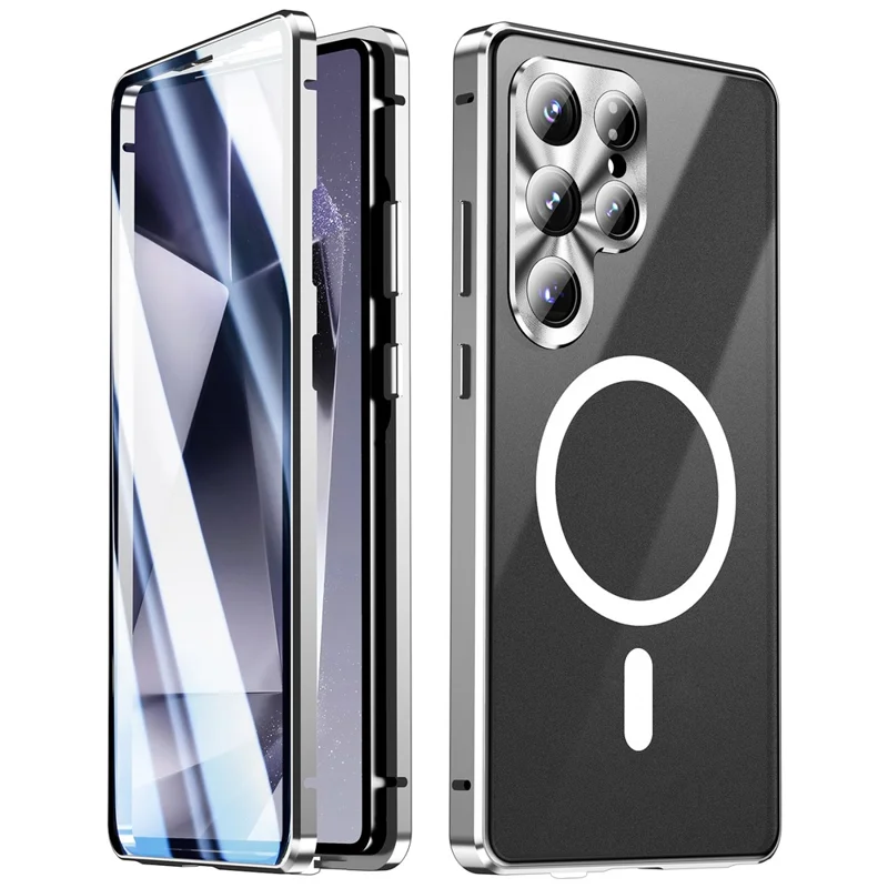 Für Samsung Galaxy S25 Ultra Magnetische Hülle aus Hartglas + Mattiertem PC-Telefonbezug mit Metallrahmen - Grün