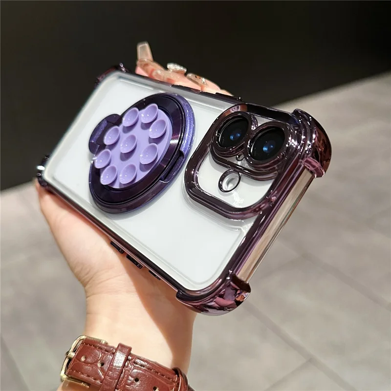 For iPhone 16 Magnetic Case Suction Cup Kickstand PC Phone Cover with Four Corner Airbag - Purple