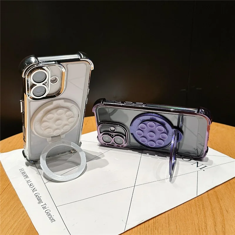 For iPhone 16 Magnetic Case Suction Cup Kickstand PC Phone Cover with Four Corner Airbag - Purple