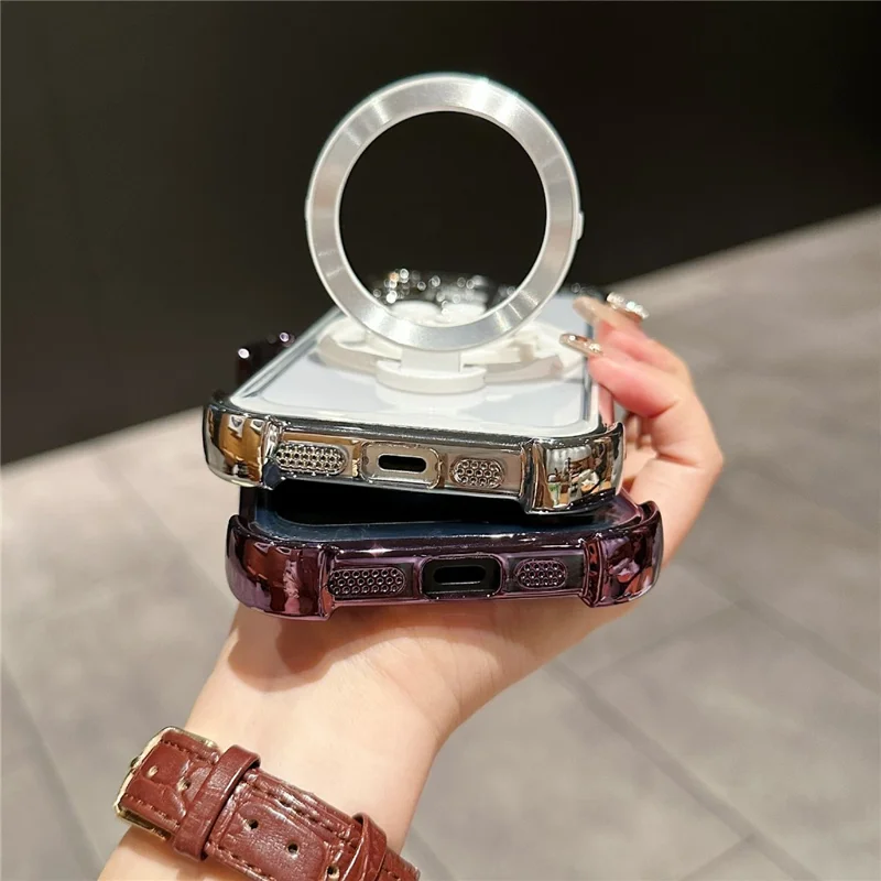 For iPhone 16 Magnetic Case Suction Cup Kickstand PC Phone Cover with Four Corner Airbag - Purple