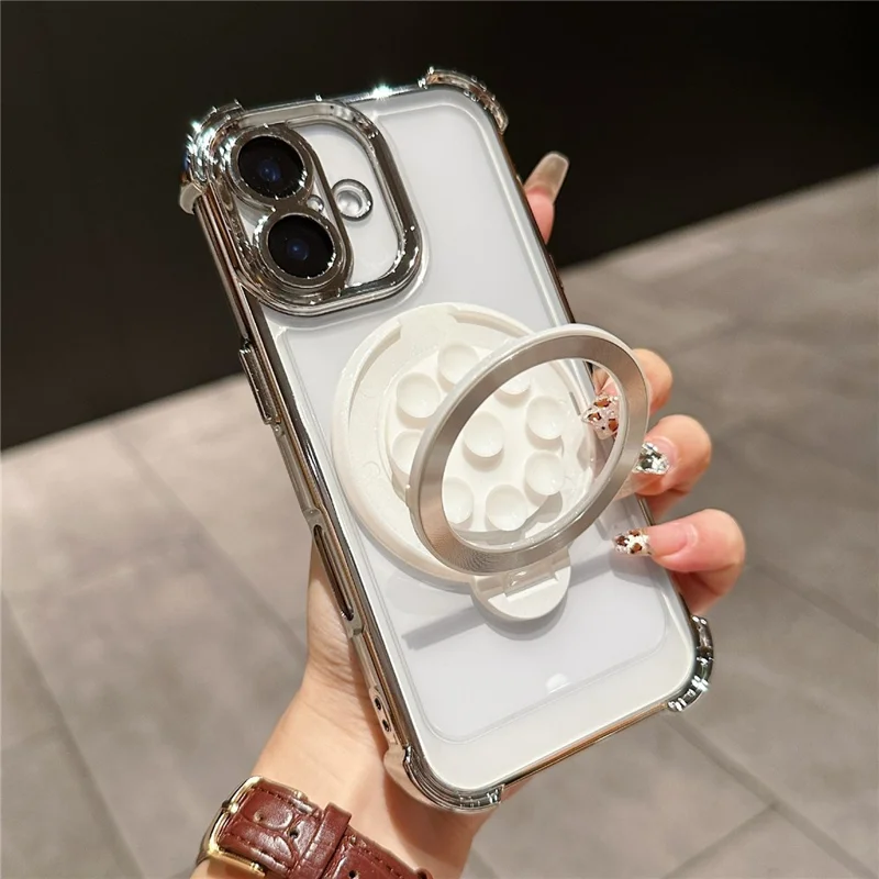 For iPhone 16 Magnetic Case Suction Cup Kickstand PC Phone Cover with Four Corner Airbag - White