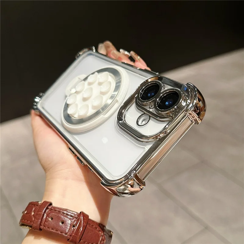 For iPhone 16 Magnetic Case Suction Cup Kickstand PC Phone Cover with Four Corner Airbag - White