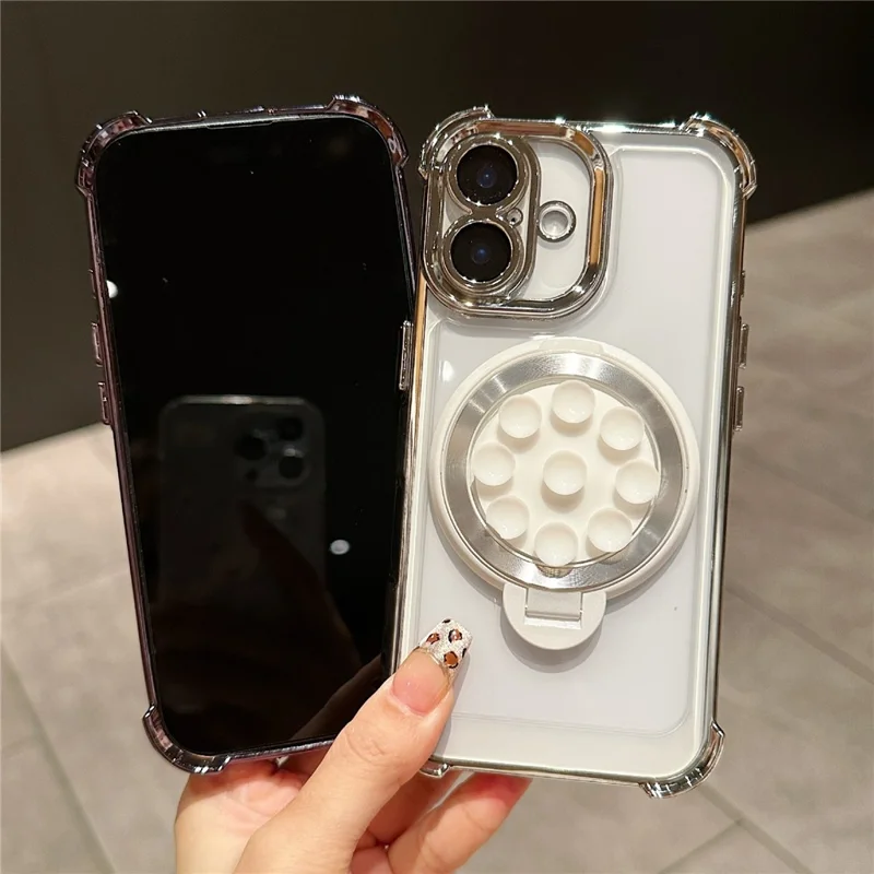 For iPhone 16 Magnetic Case Suction Cup Kickstand PC Phone Cover with Four Corner Airbag - White
