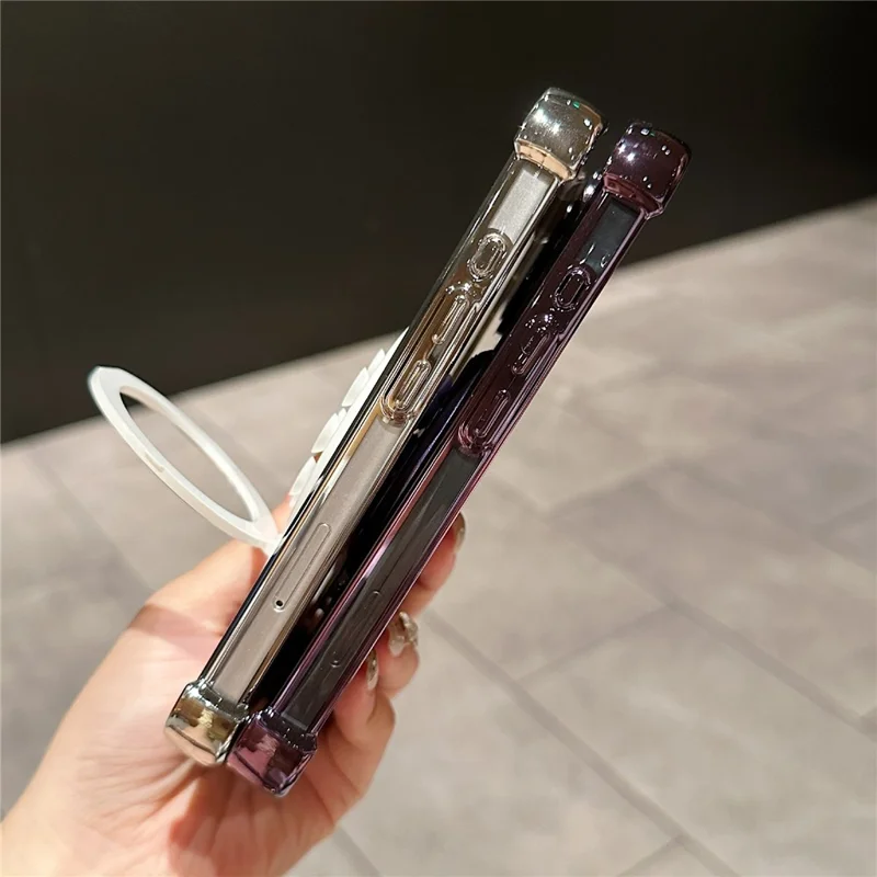 For iPhone 16 Magnetic Case Suction Cup Kickstand PC Phone Cover with Four Corner Airbag - White