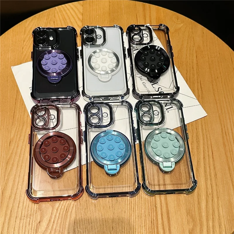For iPhone 16 Magnetic Case Suction Cup Kickstand PC Phone Cover with Four Corner Airbag - White