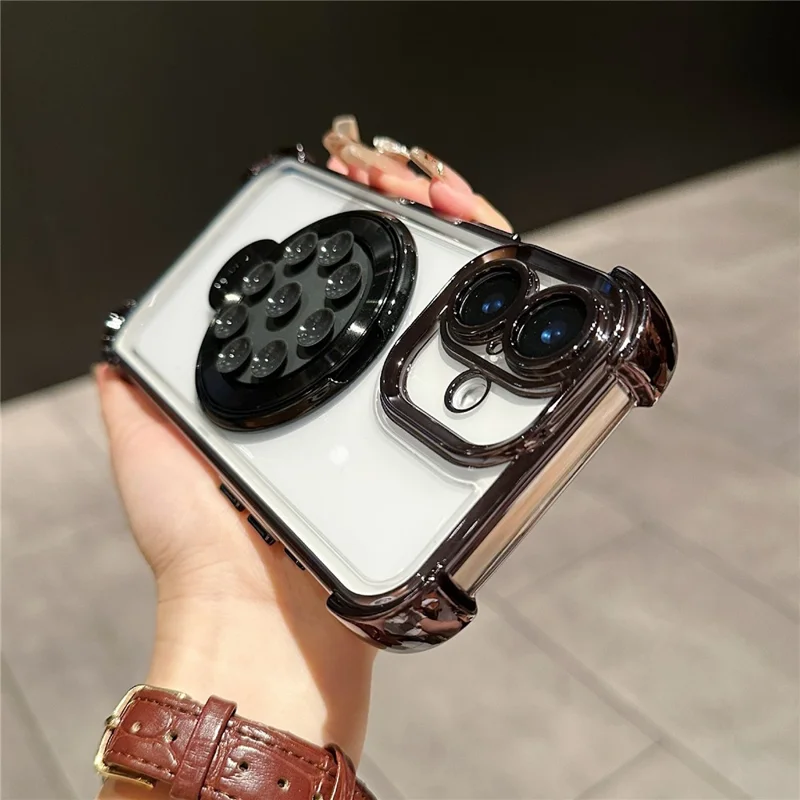 For iPhone 16 Plus Magnetic Case Suction Cup Kickstand PC Phone Cover with Four Corner Airbag - Black