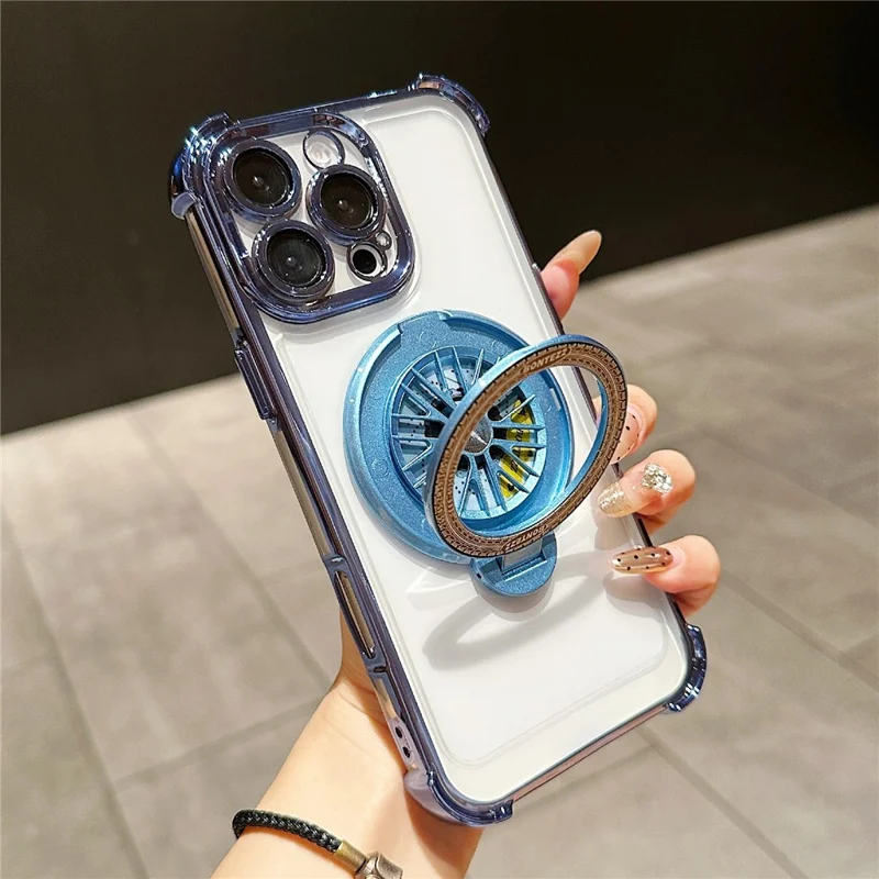 For iPhone 16 Pro Magnetic Case Rotating Spinner Kickstand PC + TPU Airbag Mobile Cover - Blue