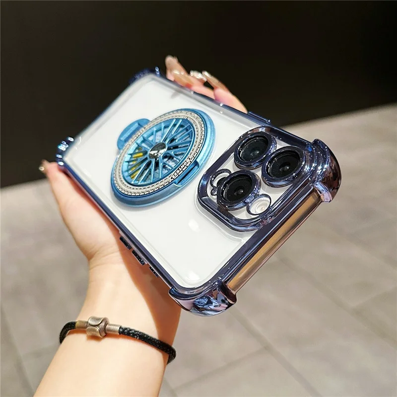 For iPhone 16 Pro Magnetic Case Rotating Spinner Kickstand PC + TPU Airbag Mobile Cover - Blue