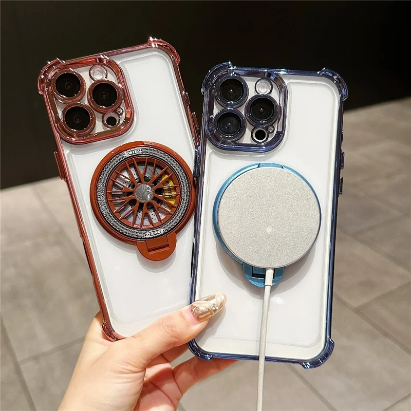 For iPhone 16 Pro Magnetic Case Rotating Spinner Kickstand PC + TPU Airbag Mobile Cover - Blue