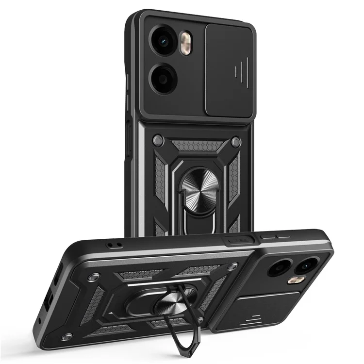 Capa para Motorola Moto G05 4G com tampa deslizante para câmera, PC + TPU, suporte - Preta