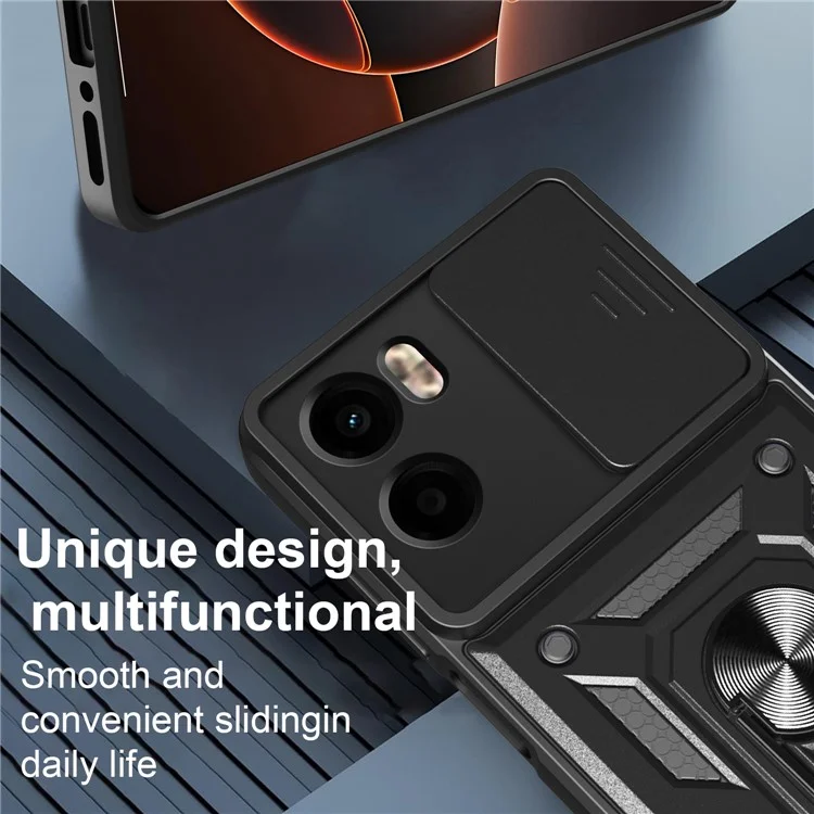 Capa para Motorola Moto G05 4G com tampa deslizante para câmera, PC + TPU, suporte - Preta