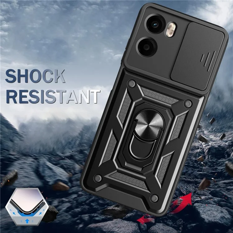 Capa para Motorola Moto G05 4G com tampa deslizante para câmera, PC + TPU, suporte - Preta