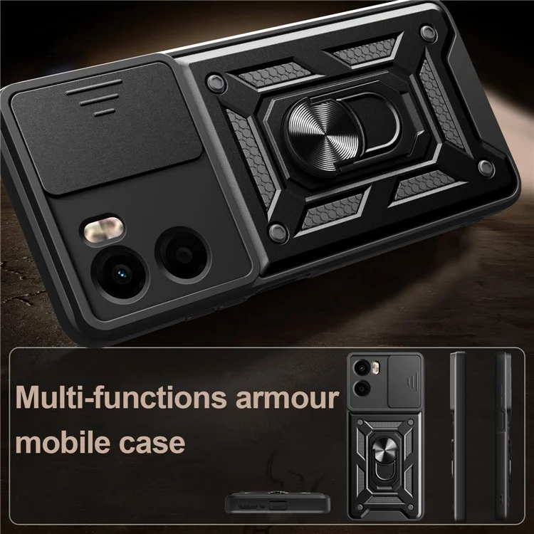 For Motorola Moto G05 4G Case with Slide Camera Lid PC + TPU Kickstand Phone Cover - Rose Gold