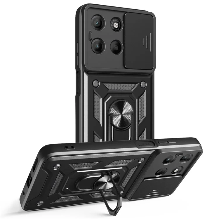 Coque pour Motorola Moto G15 4G avec couvercle de caméra coulissant en PC + TPU avec béquille - Noir