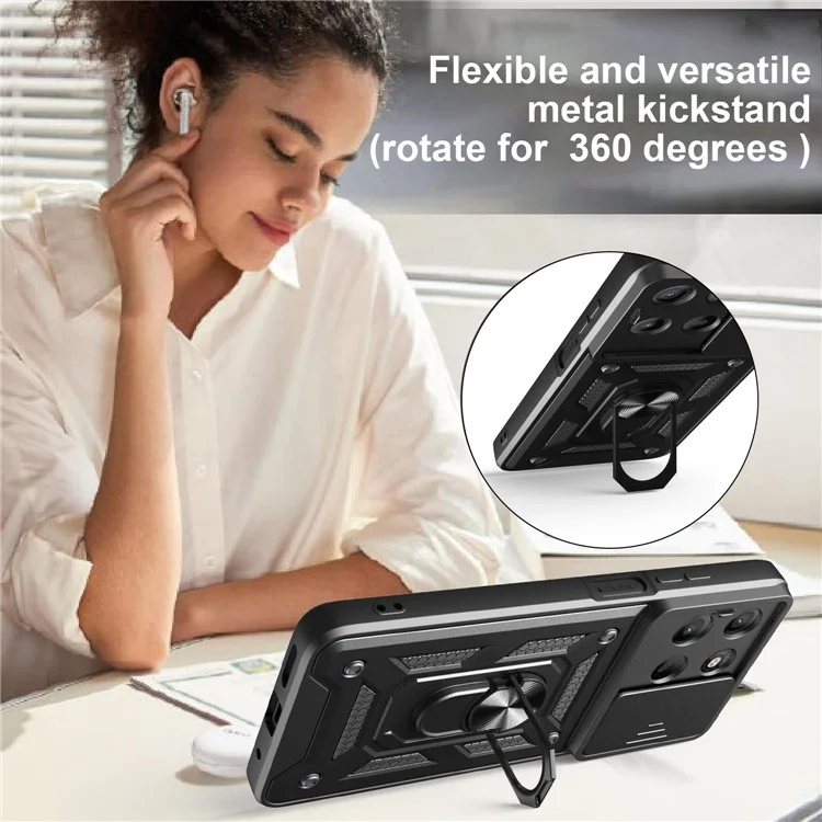 Coque pour Motorola Moto G15 4G avec couvercle de caméra coulissant en PC + TPU avec béquille - Noir