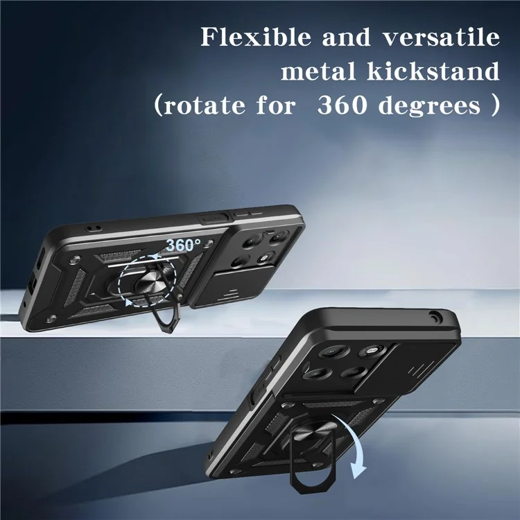 Coque pour Motorola Moto G15 4G avec couvercle de caméra coulissant en PC + TPU avec béquille - Noir