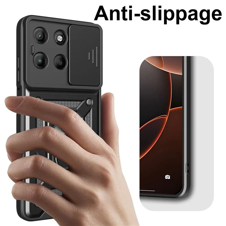 Coque pour Motorola Moto G15 4G avec couvercle de caméra coulissant en PC + TPU avec béquille - Noir