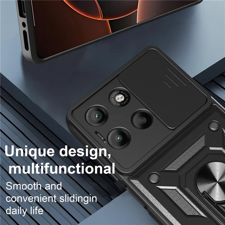 Coque pour Motorola Moto G15 4G avec couvercle de caméra coulissant en PC + TPU avec béquille - Noir