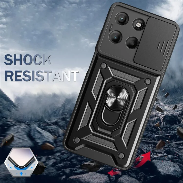 Coque pour Motorola Moto G15 4G avec couvercle de caméra coulissant en PC + TPU avec béquille - Noir
