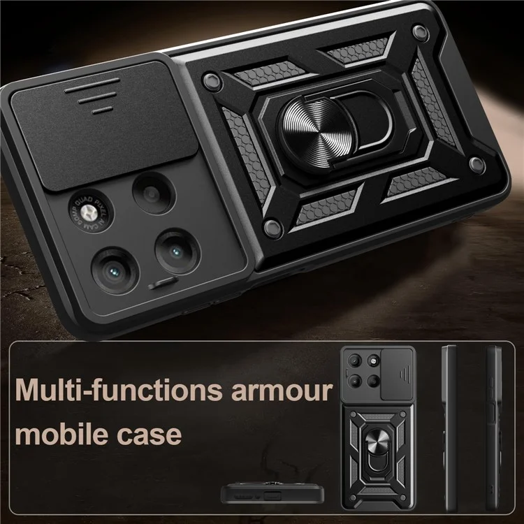 Coque pour Motorola Moto G15 4G avec couvercle de caméra coulissant en PC + TPU avec béquille - Noir