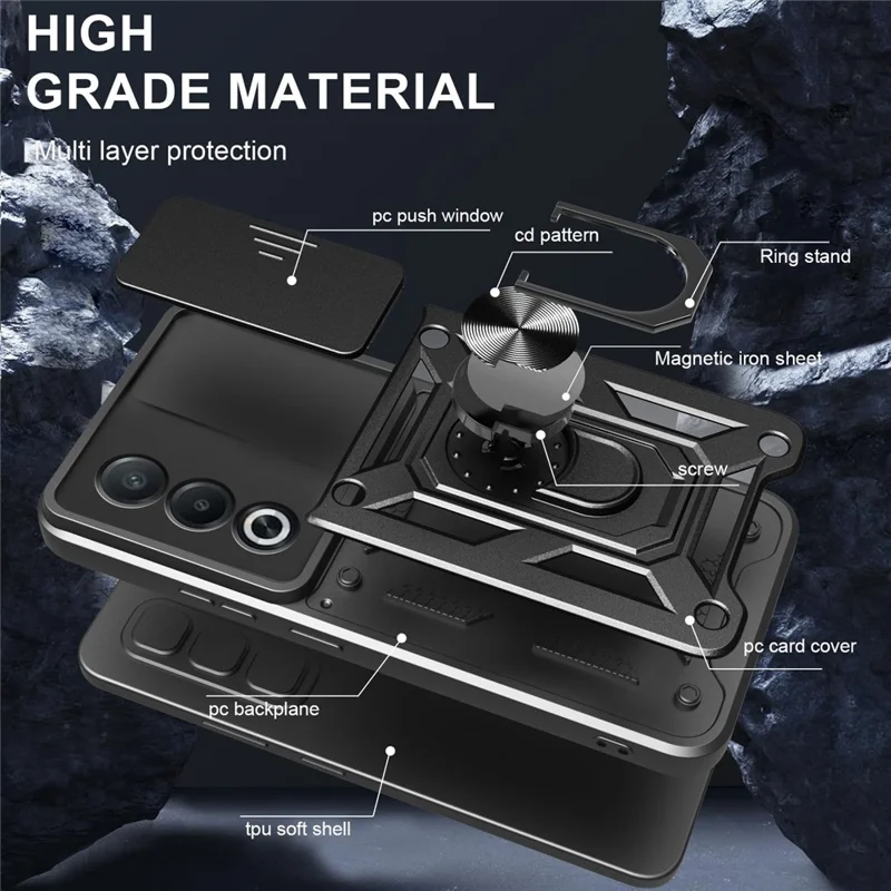 For Oppo A3 Pro (India) 5G  /  A80 5G Case with Slide Camera Lid PC + TPU Kickstand Phone Cover - Gold