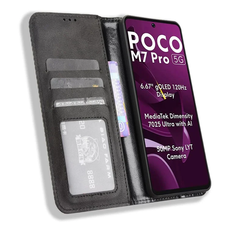 Für Xiaomi Poco M7 Pro 5G Lederhülle Geldbörse Ständer Retro-Textur Handyhülle - Schwarz