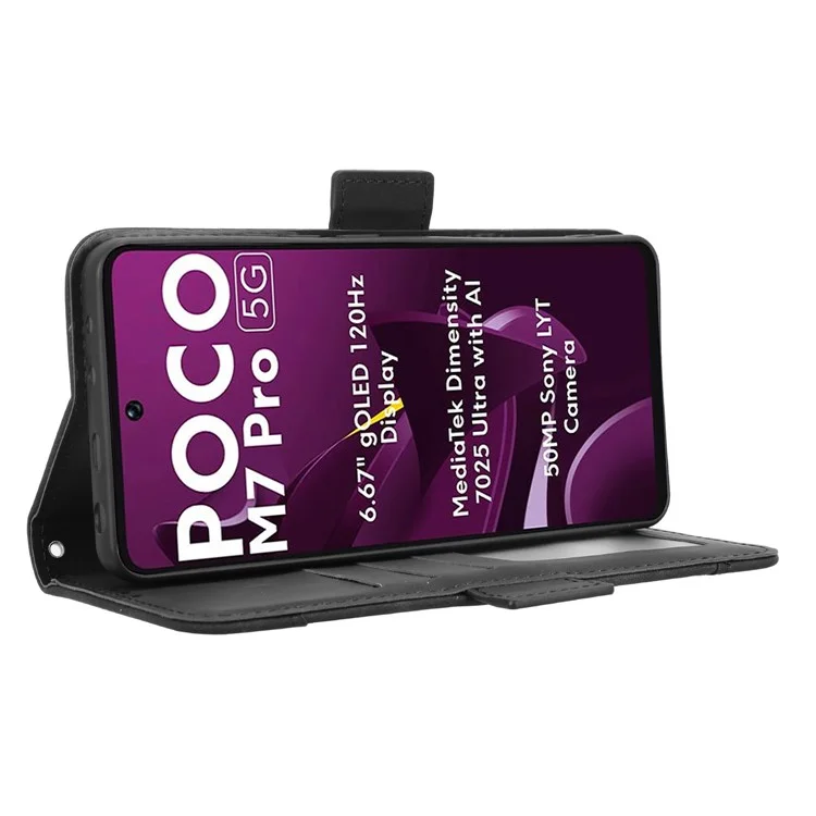 Capa de couro com múltiplos compartimentos para cartão para o Xiaomi Poco M7 Pro 5G - Preto