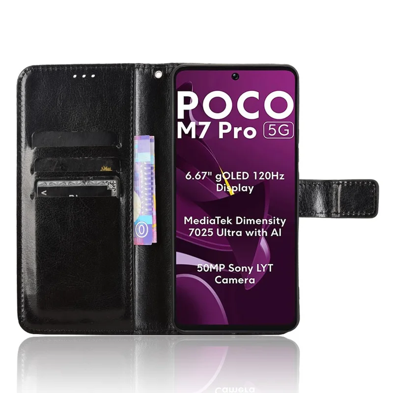 Til Xiaomi Poco M7 Pro 5G Case Crazy Horse-struktur PU-læder telefonwalletdæksel - Sort