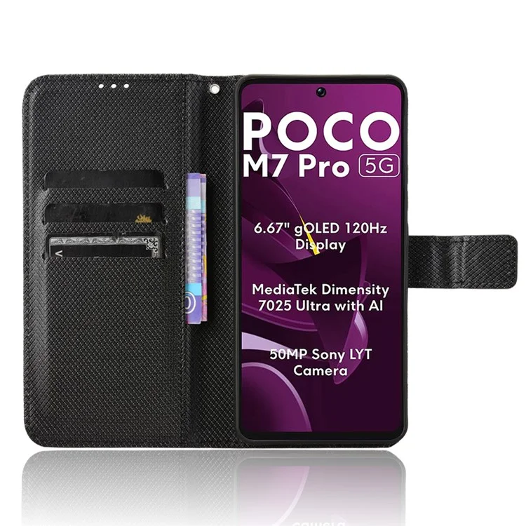 Для Xiaomi Poco M7 Pro 5G чехол из искусственной кожи с текстурой бриллианта, чехол-кошелек для телефона - черный