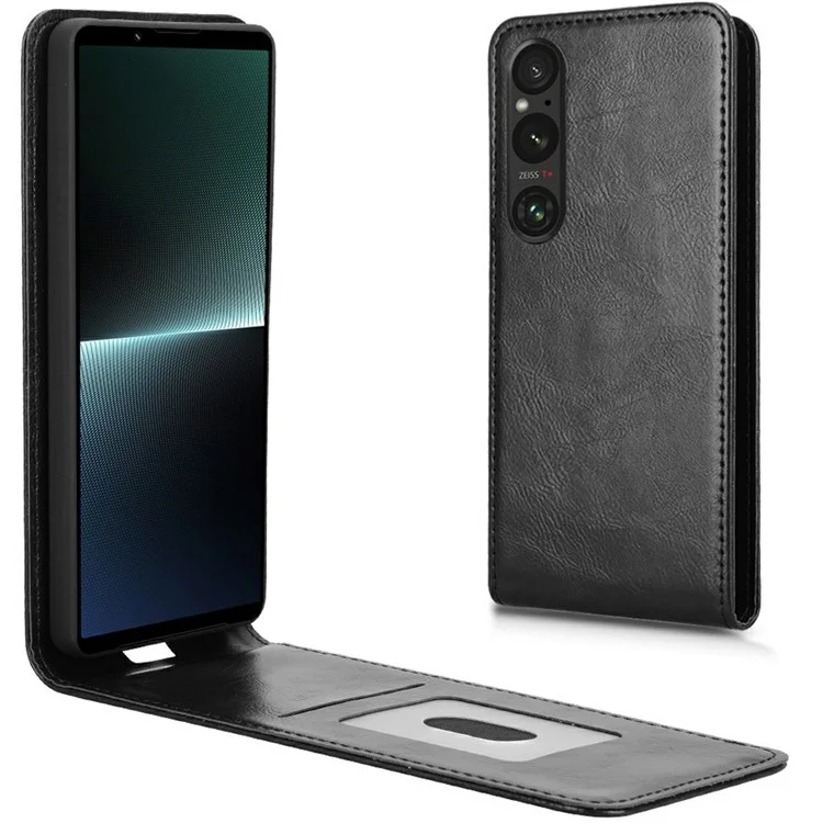 For Sony Xperia 1 V Case with Card Slot Magnetic Vertical Flip Leather Phone Cover - Black