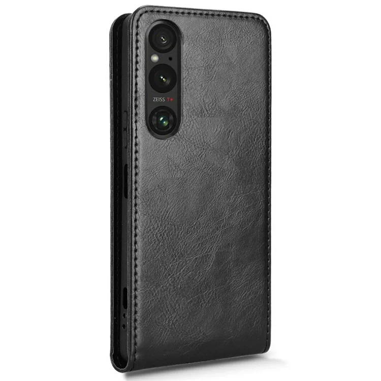 For Sony Xperia 1 V Case with Card Slot Magnetic Vertical Flip Leather Phone Cover - Black