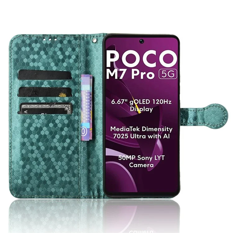 Étui portefeuille pour Xiaomi Poco M7 Pro 5G / Redmi Note 14 4G, motif à points, impression en cuir PU, protection pour téléphone - Vert