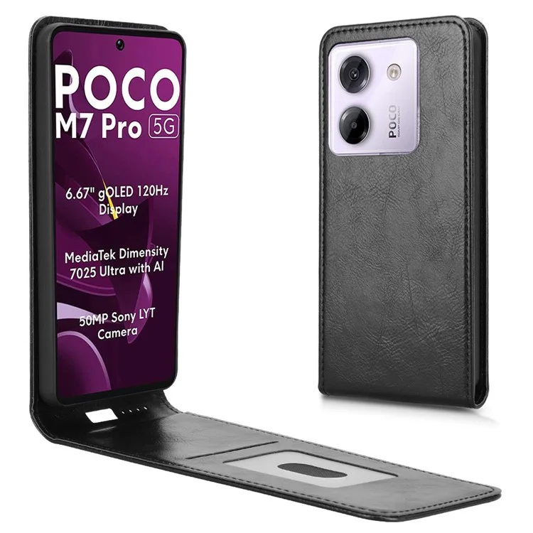 Étui pour Xiaomi Poco M7 Pro 5G / Redmi Note 14 4G avec fente pour carte, rabat magnétique vertical en cuir - Noir