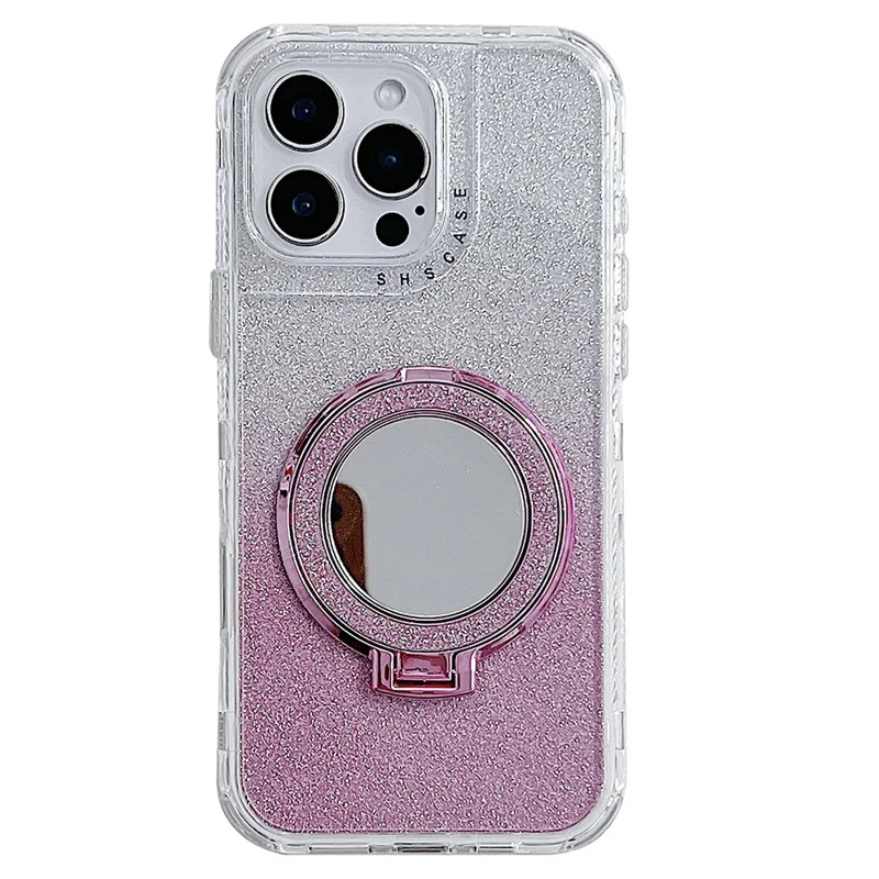 For iPhone 16 Pro Case Magnetic Kickstand TPU + PC Glitter Phone Cover with Mirror - Pink