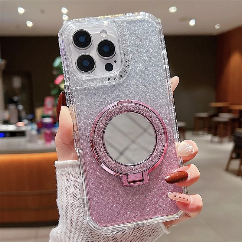 For iPhone 16 Pro Case Magnetic Kickstand TPU + PC Glitter Phone Cover with Mirror - Pink