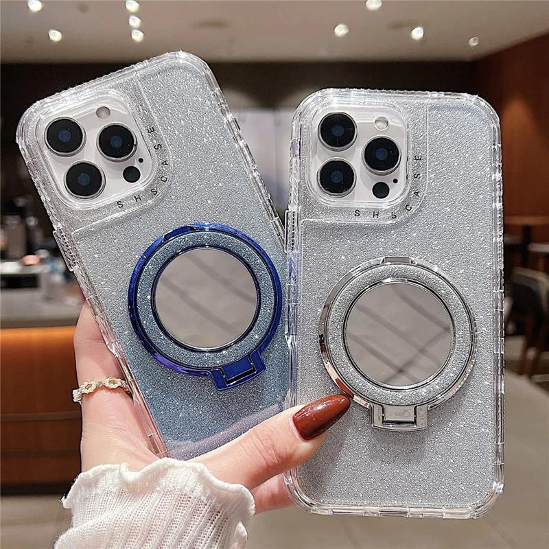 For iPhone 16 Pro Case Magnetic Kickstand TPU + PC Glitter Phone Cover with Mirror - Blue