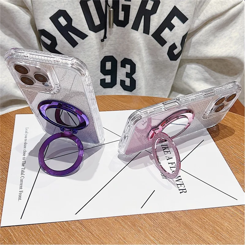 Voor iPhone 16 Pro Max hoesje met magneetstandaard TPU + PC Glitter telefoonhoes met spiegel - Roze