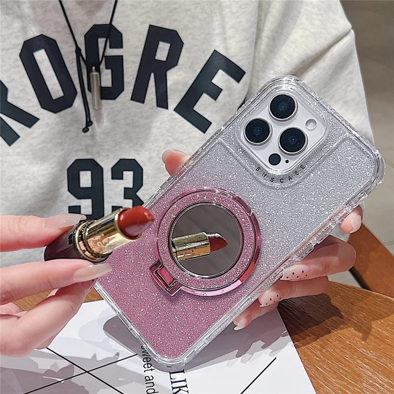 Voor iPhone 16 Pro Max hoesje met magneetstandaard TPU + PC Glitter telefoonhoes met spiegel - Roze