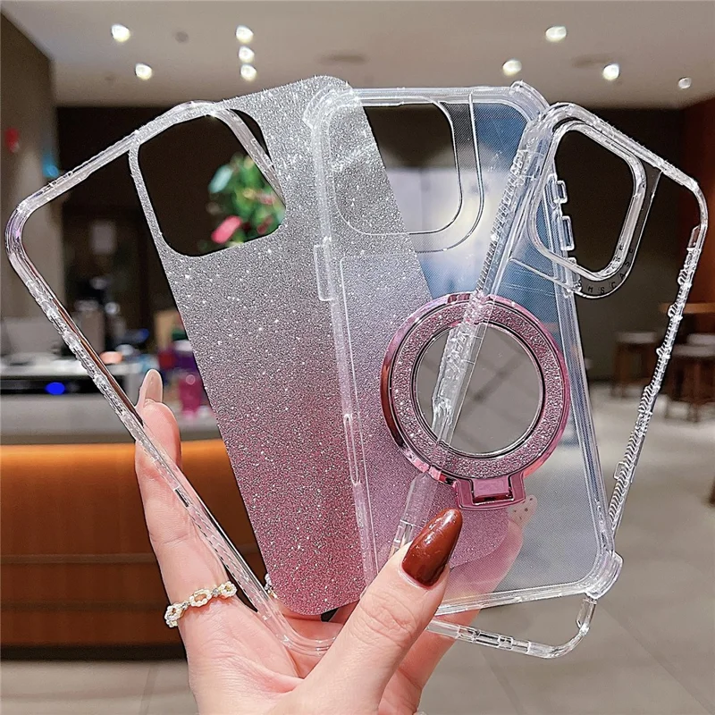 Voor iPhone 16 Pro Max hoesje met magneetstandaard TPU + PC Glitter telefoonhoes met spiegel - Roze