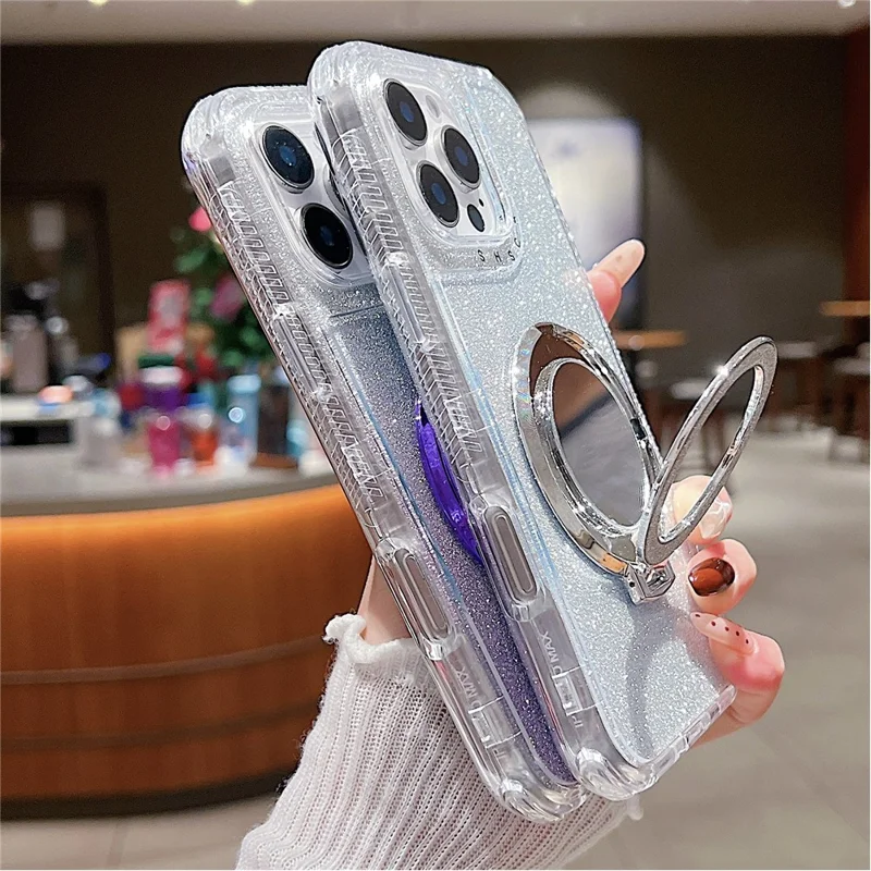 Voor iPhone 16 Pro Max hoesje met magneetstandaard TPU + PC Glitter telefoonhoes met spiegel - Roze