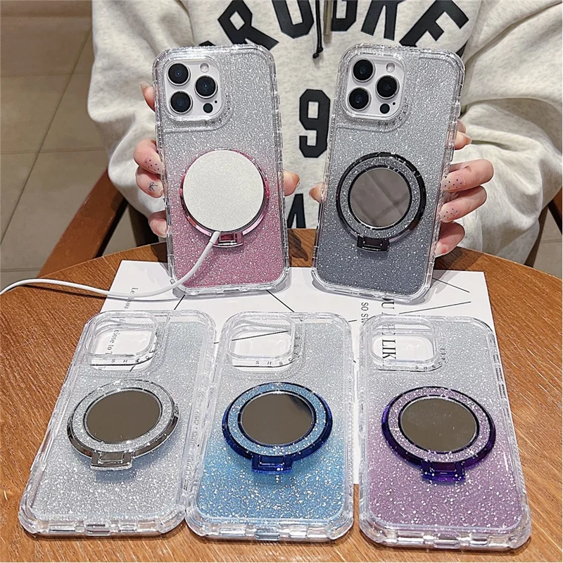 Voor iPhone 16 Pro Max hoesje met magneetstandaard TPU + PC Glitter telefoonhoes met spiegel - Roze