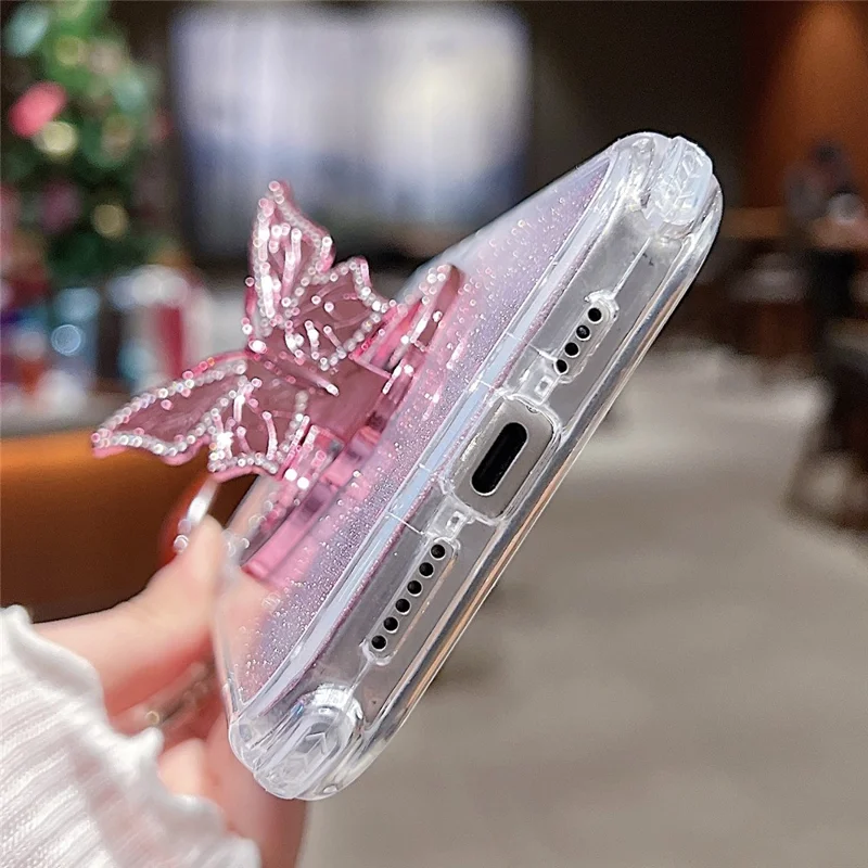 Für iPhone 16 Pro Magnetische Hülle Schmetterling Ständer TPU + PC Glitzer Telefonabdeckung mit Spiegel - Pink