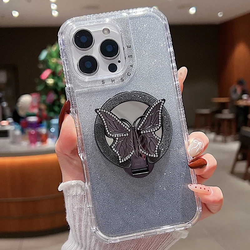 For iPhone 16 Pro Magnetic Case Butterfly Kickstand TPU + PC Glitter Phone Cover with Mirror - Grey
