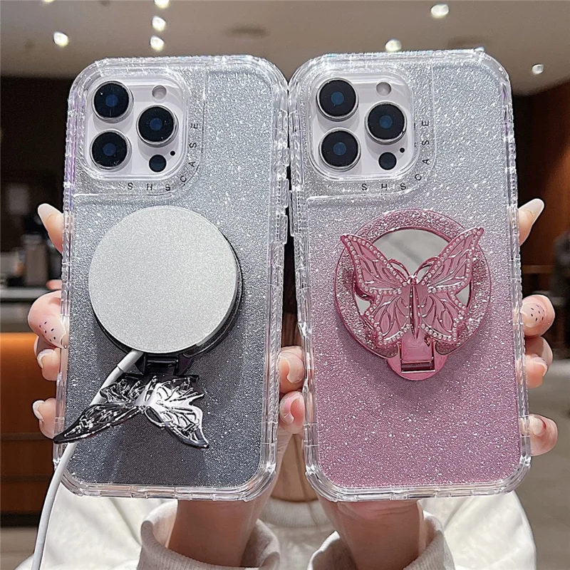 For iPhone 16 Pro Magnetic Case Butterfly Kickstand TPU + PC Glitter Phone Cover with Mirror - Grey
