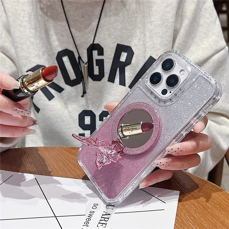 For iPhone 16 Pro Magnetic Case Butterfly Kickstand TPU + PC Glitter Phone Cover with Mirror - Grey
