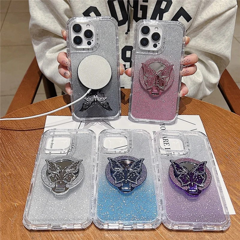 For iPhone 16 Pro Magnetic Case Butterfly Kickstand TPU + PC Glitter Phone Cover with Mirror - Grey