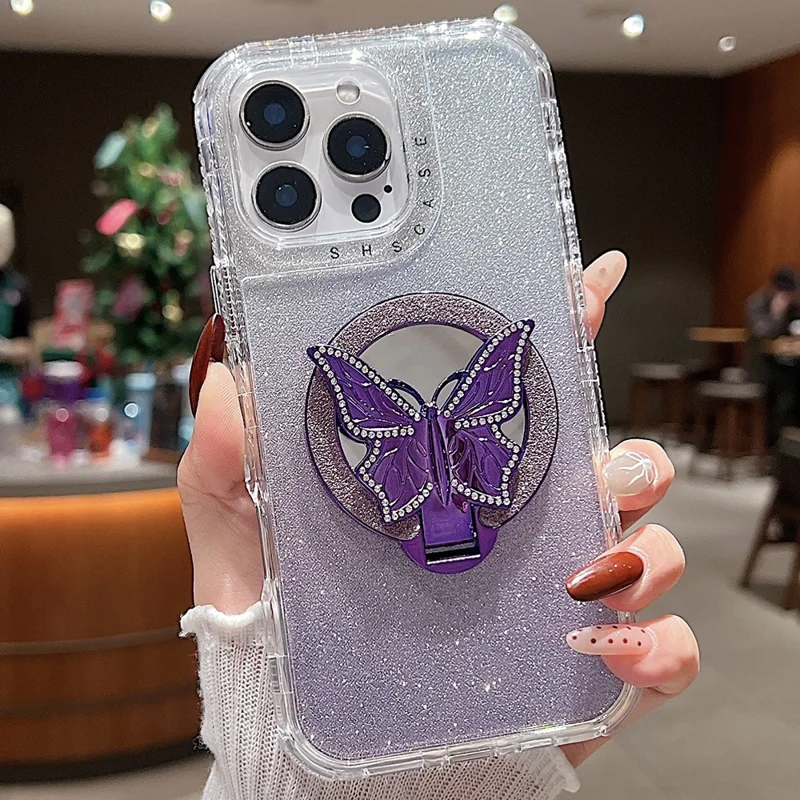 For iPhone 16 Pro Max Magnetic Case Butterfly Kickstand TPU + PC Glitter Phone Cover with Mirror - Purple