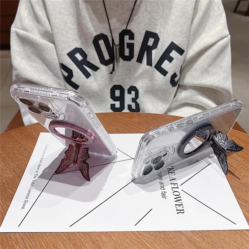 For iPhone 16 Pro Max Magnetic Case Butterfly Kickstand TPU + PC Glitter Phone Cover with Mirror - Purple